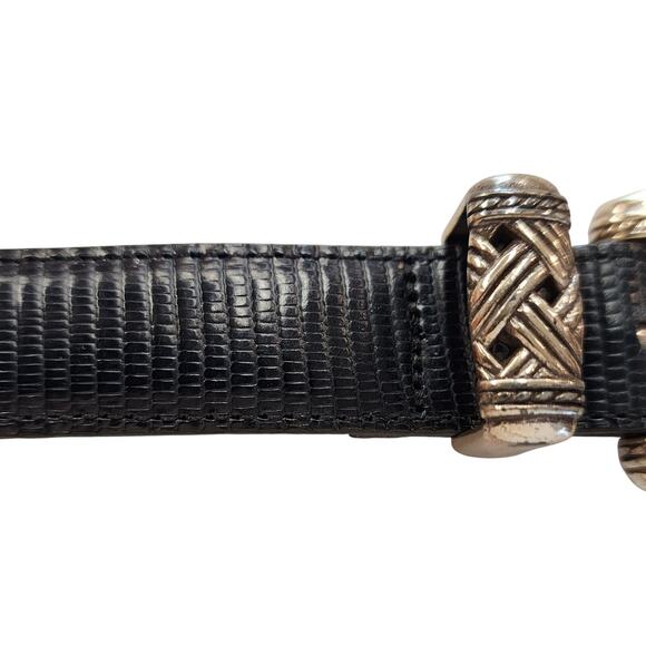 Brighton womens black Leather Belt sz Small Lizard Patern Ornate Silver Hardware - Picture 4 of 7